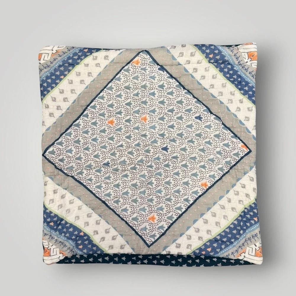 Anthropologie Quilted Euro Sham 26x26 Blue White Cotton Patchwork Medallion